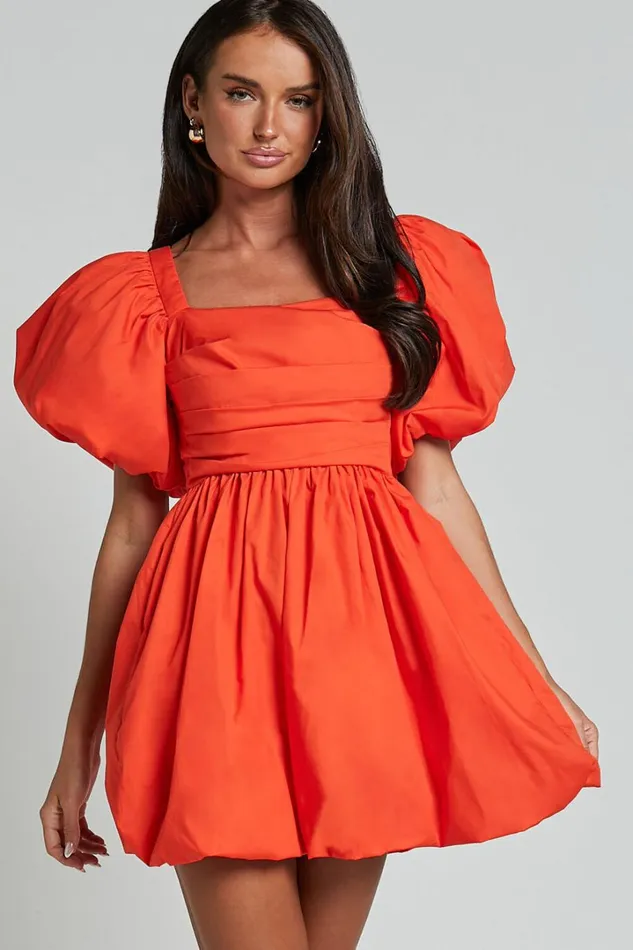 Tamara Mini Dress 8211 Short Puff Sleeve Ruched Dress In Orange Women Showpo Conscious