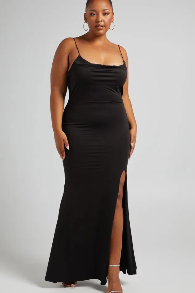 Tasteful Midi Dress 8211 Cowl Neck Bodycon Thigh Split Dress In Black Women Showpo Curve Clothes