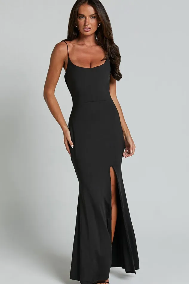 Tasteful Midi Dress 8211 Cowl Neck Bodycon Thigh Split Dress In Black Women Showpo Curve Clothes