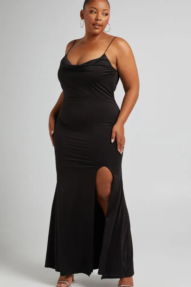 Tasteful Midi Dress 8211 Cowl Neck Bodycon Thigh Split Dress In Black Women Showpo Curve Clothes