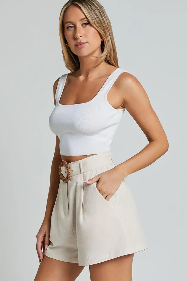 Thaisa Shorts 8211 High Waist Belted Shorts In Biscuit Women Showpo Shorts