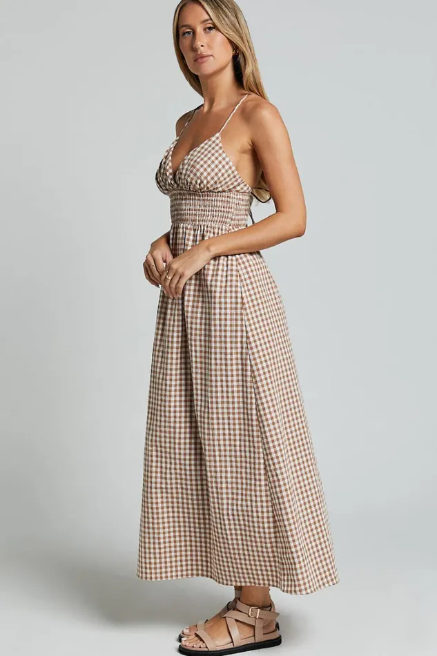 Toni Midi Dress 8211 Strappy Gingham Dress In Caramel And White Gingham Women Showpo Conscious
