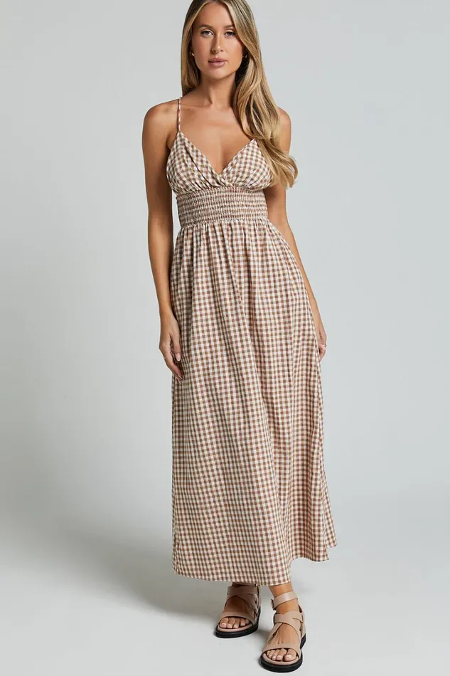 Toni Midi Dress 8211 Strappy Gingham Dress In Caramel And White Gingham Women Showpo Conscious