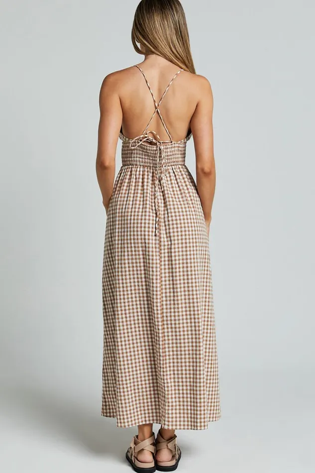 Toni Midi Dress 8211 Strappy Gingham Dress In Caramel And White Gingham Women Showpo Conscious