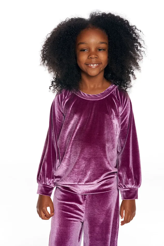 Tops Chaser Brand Girls Stretch Velvet Blouson Sleeve Raglan Pullover
