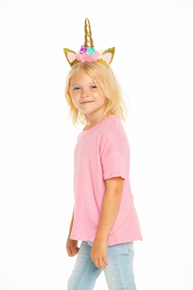Tops Gauzy Cotton Short Sleeve Boxy Hi Lo Tee in Carnation Pink Chaser Brand Girls
