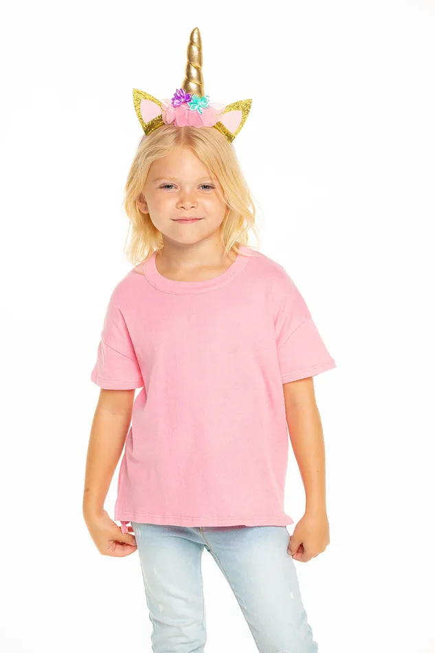 Tops Gauzy Cotton Short Sleeve Boxy Hi Lo Tee in Carnation Pink Chaser Brand Girls