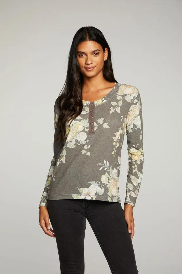 Tops Heritage Waffle Long Sleeve Scoop Neck Henley With Snaps 8211 Chaser Brand Womens