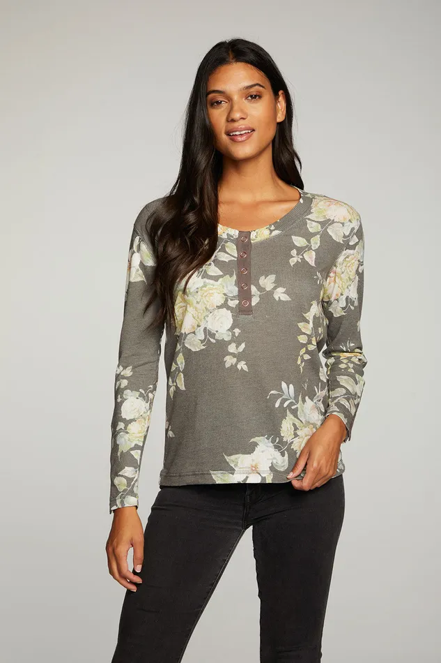 Tops Heritage Waffle Long Sleeve Scoop Neck Henley With Snaps 8211 Chaser Brand Womens
