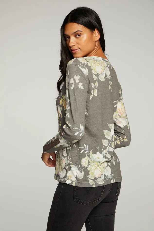 Tops Heritage Waffle Long Sleeve Scoop Neck Henley With Snaps 8211 Chaser Brand Womens