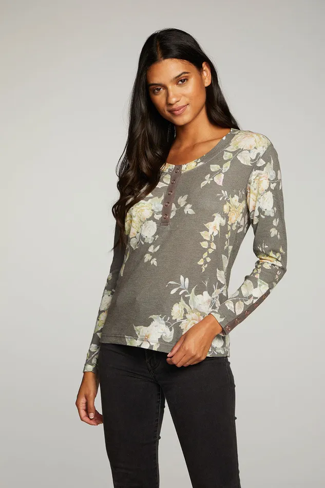 Tops Heritage Waffle Long Sleeve Scoop Neck Henley With Snaps 8211 Chaser Brand Womens