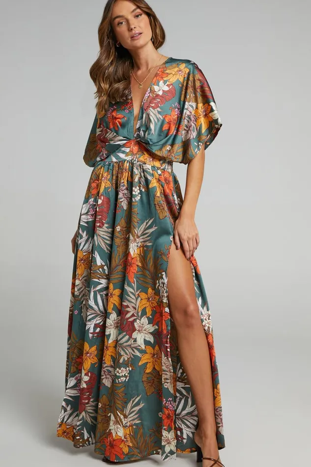 Vacay Ready Midi Dress 8211 Plunge Thigh Split Dress In Teal Floral Satin Women Showpo Curve Clothes Vacay Ready Midi Dress 8211 Plunge Thigh Split Dress In Teal Floral Satin Women Showpo Curve Clothes