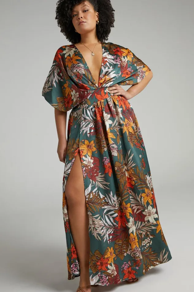 Vacay Ready Midi Dress 8211 Plunge Thigh Split Dress In Teal Floral Satin Women Showpo Curve Clothes
