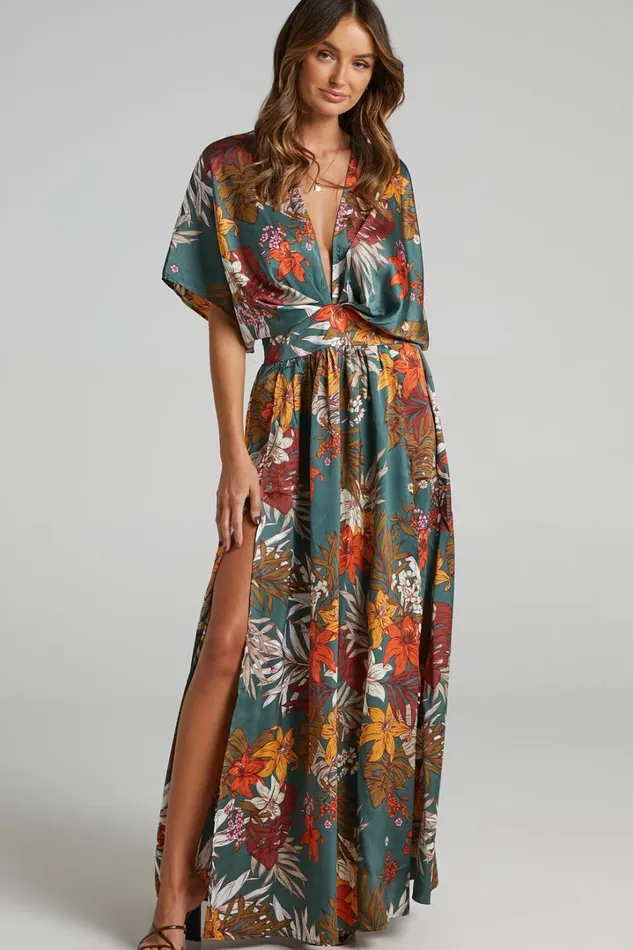 Vacay Ready Midi Dress 8211 Plunge Thigh Split Dress In Teal Floral Satin Women Showpo Curve Clothes