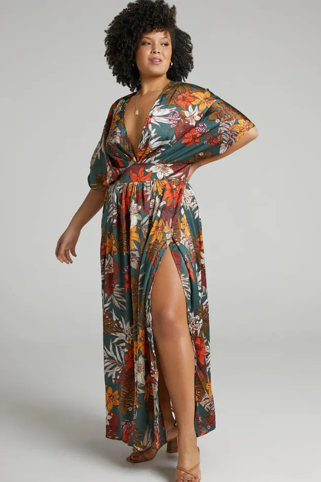 Vacay Ready Midi Dress 8211 Plunge Thigh Split Dress In Teal Floral Satin Women Showpo Curve Clothes
