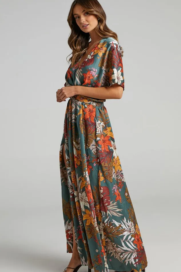 Vacay Ready Midi Dress 8211 Plunge Thigh Split Dress In Teal Floral Satin Women Showpo Curve Clothes