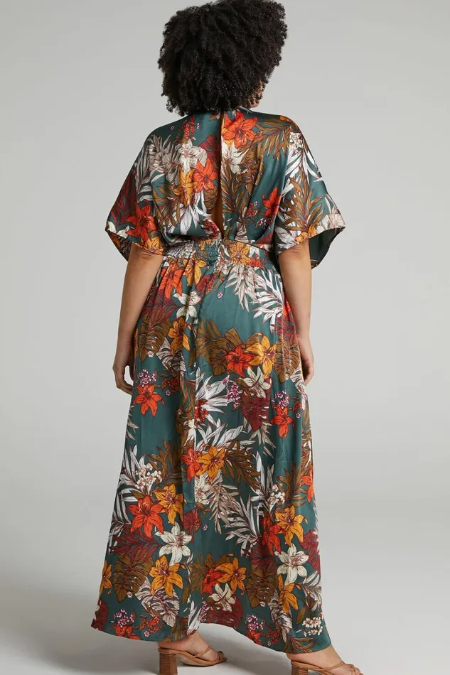 Vacay Ready Midi Dress 8211 Plunge Thigh Split Dress In Teal Floral Satin Women Showpo Curve Clothes
