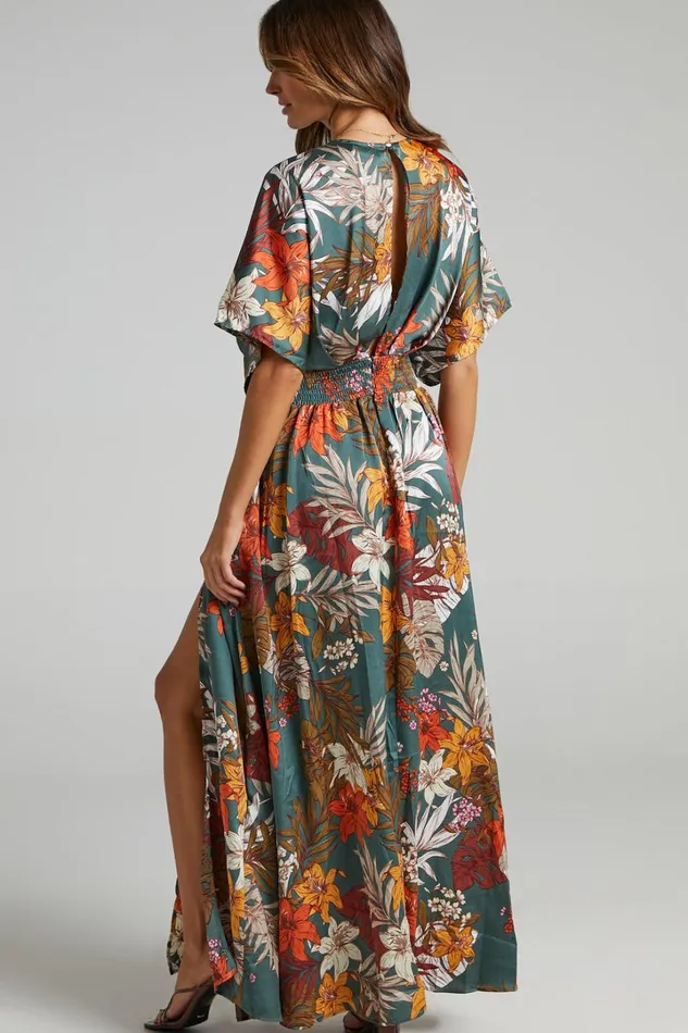 Vacay Ready Midi Dress 8211 Plunge Thigh Split Dress In Teal Floral Satin Women Showpo Curve Clothes