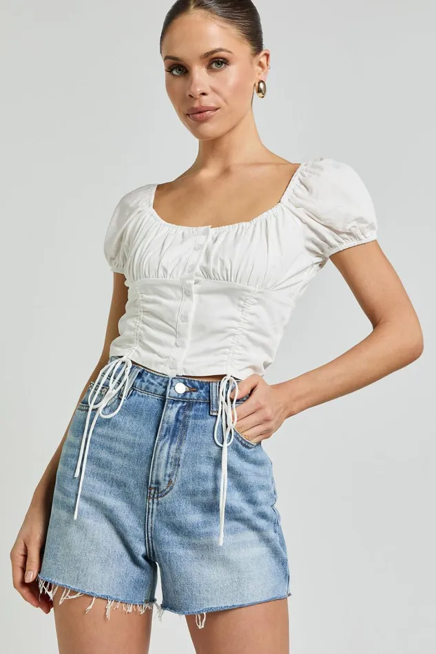 Valerie Top 8211 Puff Sleeve Ruched Button Front Tie Hem Top In White Women Showpo Tops