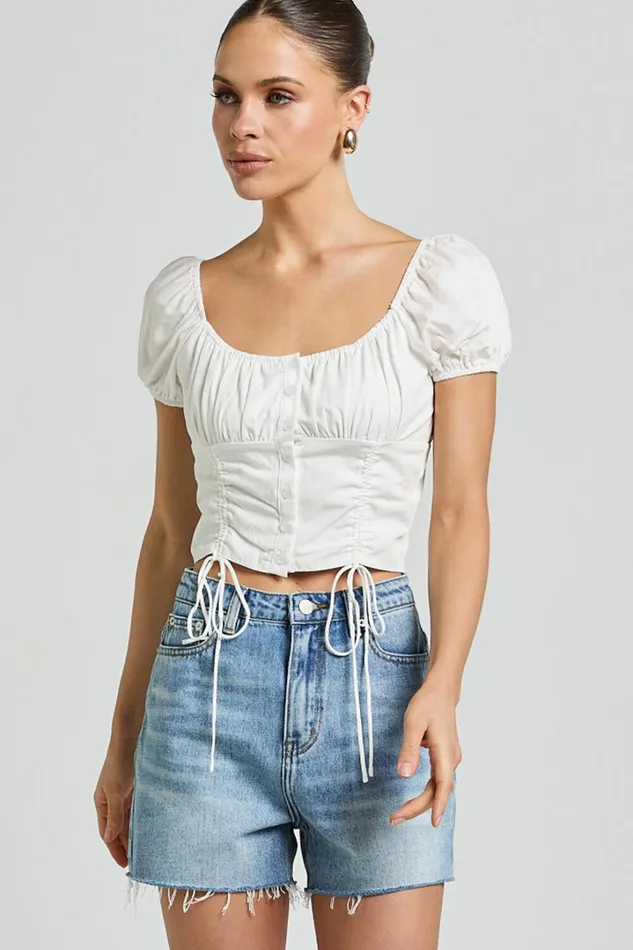 Valerie Top 8211 Puff Sleeve Ruched Button Front Tie Hem Top In White Women Showpo Tops