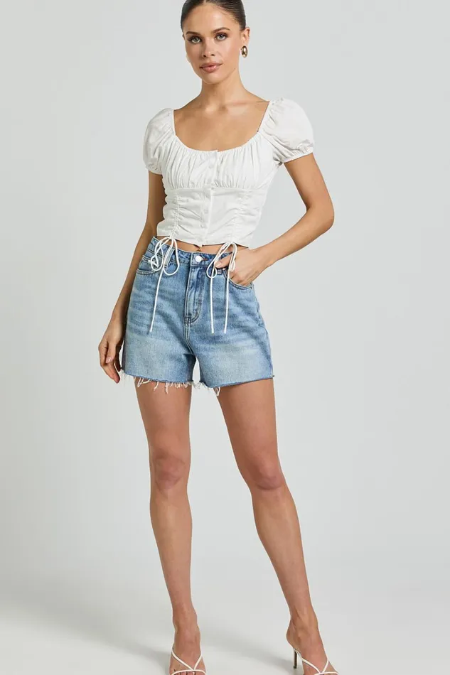 Valerie Top 8211 Puff Sleeve Ruched Button Front Tie Hem Top In White Women Showpo Tops