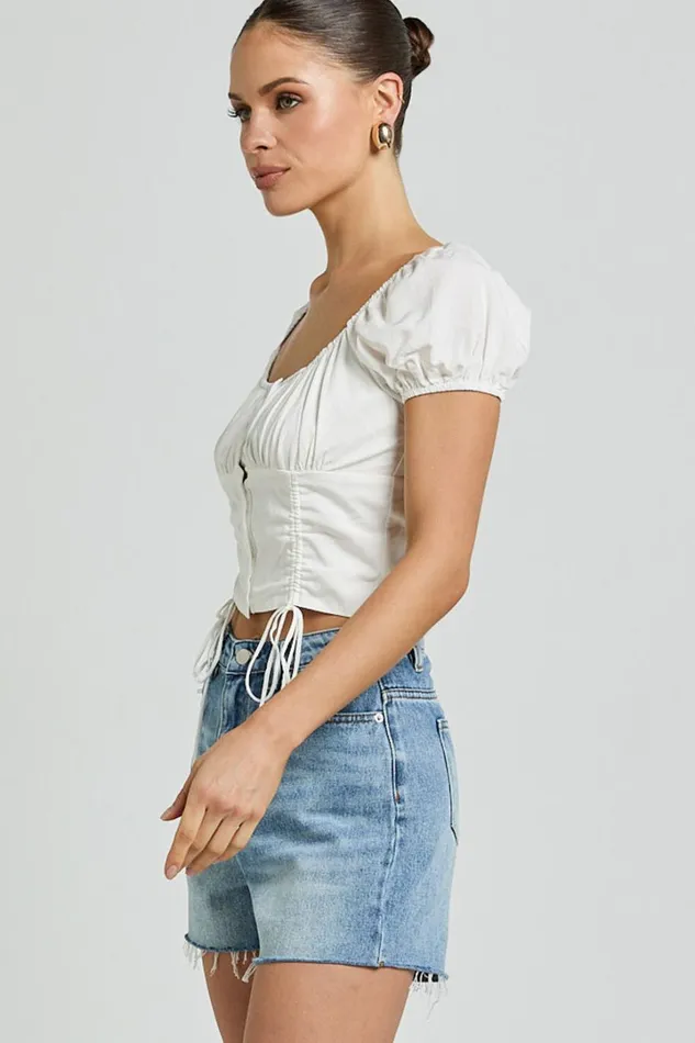 Valerie Top 8211 Puff Sleeve Ruched Button Front Tie Hem Top In White Women Showpo Tops