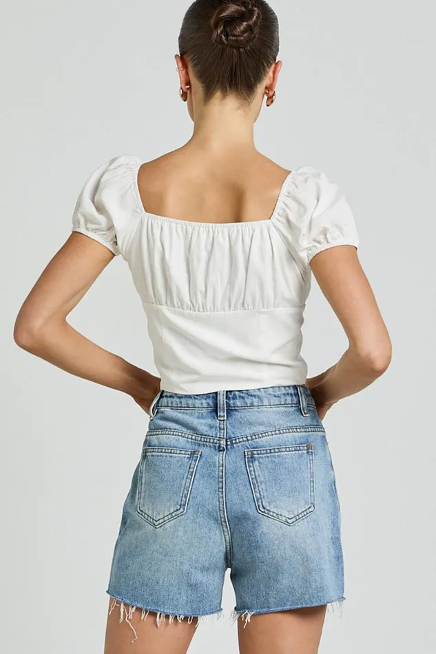 Valerie Top 8211 Puff Sleeve Ruched Button Front Tie Hem Top In White Women Showpo Tops