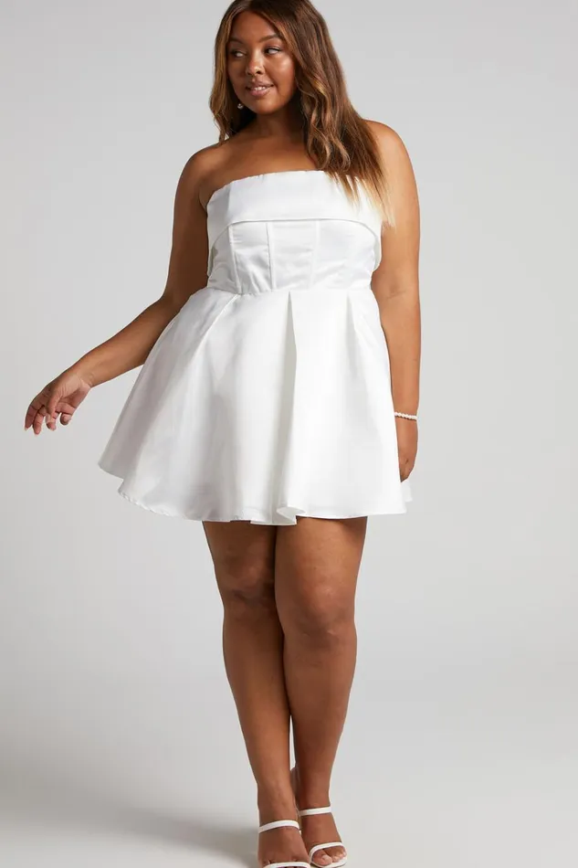 Valora Mini Dress 8211 Strapless Fit And Flare Satin Dress In Ivory Women Showpo Curve Clothes