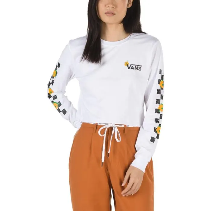 Vans Lepp Check Crop Long Sleeve Boyfriend Tee White Womens TShirts and Tanks