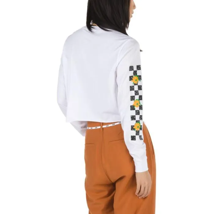 Vans Lepp Check Crop Long Sleeve Boyfriend Tee White Womens TShirts and Tanks