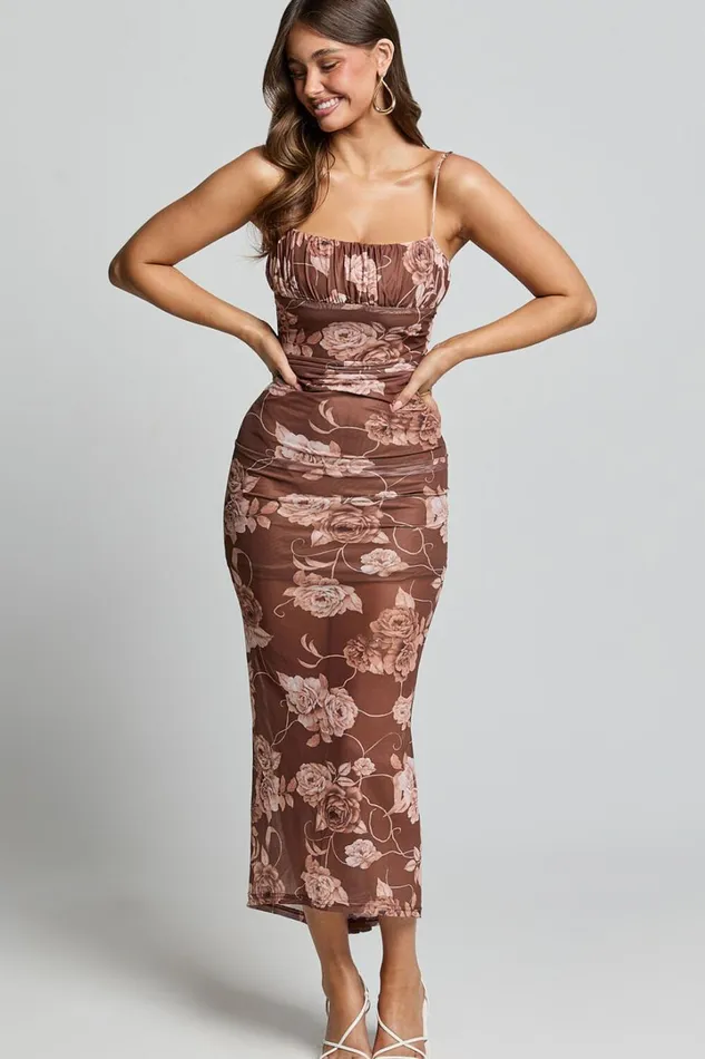 Vinnie Midi Dress 8211 Strappy Ruched Bust Bodycon Dress In Chocolate Floral Women Showpo Dresses