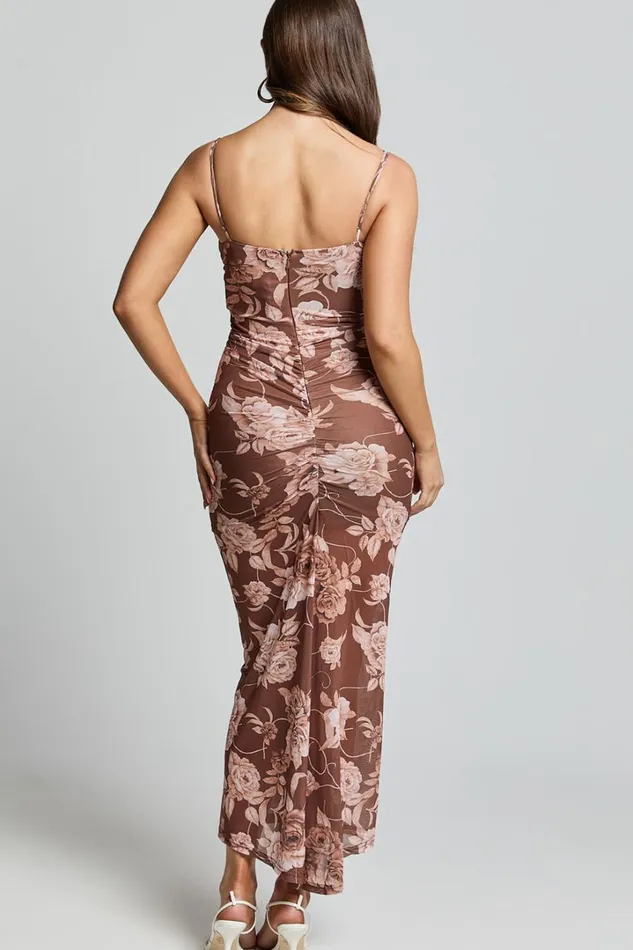 Vinnie Midi Dress 8211 Strappy Ruched Bust Bodycon Dress In Chocolate Floral Women Showpo Dresses