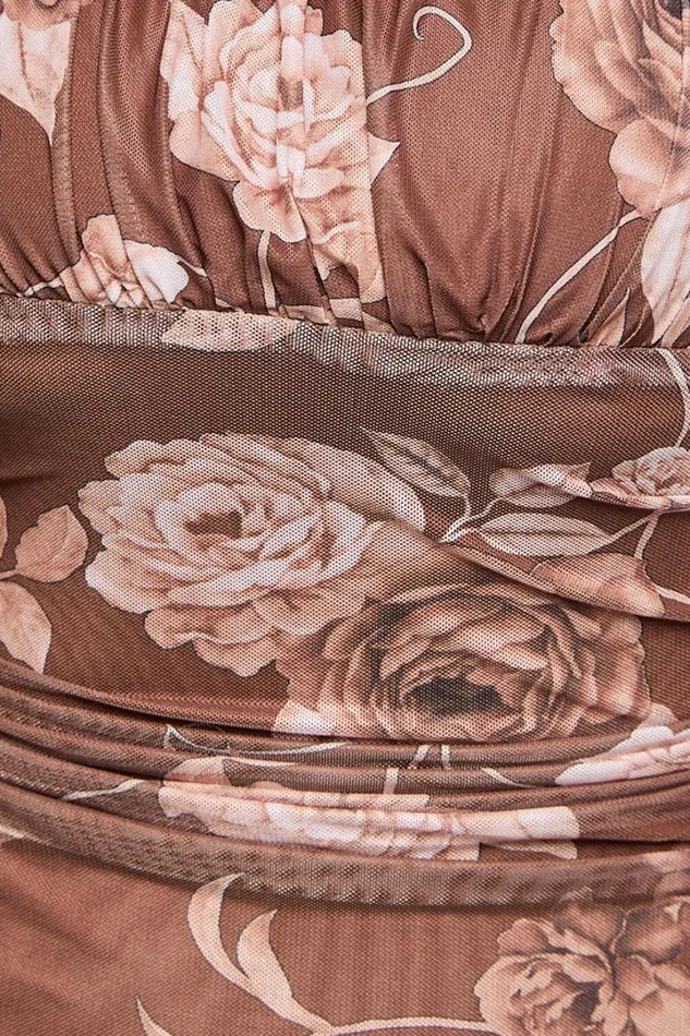 Vinnie Midi Dress 8211 Strappy Ruched Bust Bodycon Dress In Chocolate Floral Women Showpo Dresses