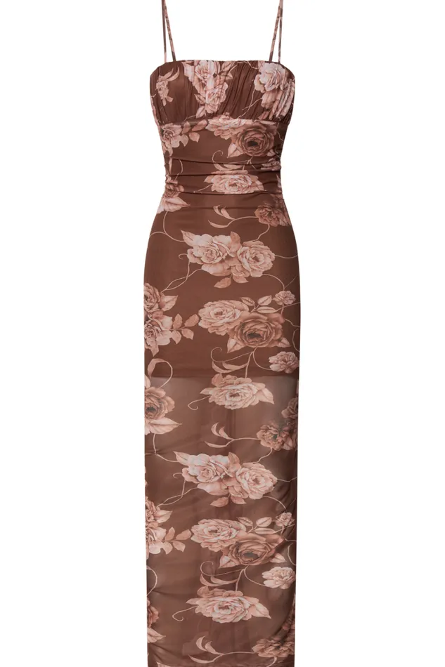 Vinnie Midi Dress 8211 Strappy Ruched Bust Bodycon Dress In Chocolate Floral Women Showpo Dresses