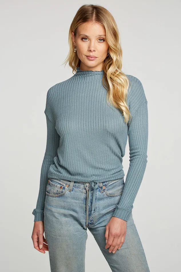 Vintage Thermal Long Sleeve Drop Shoulder Mock Neck Tie Waist Tee Womens Tops Chaser Brand