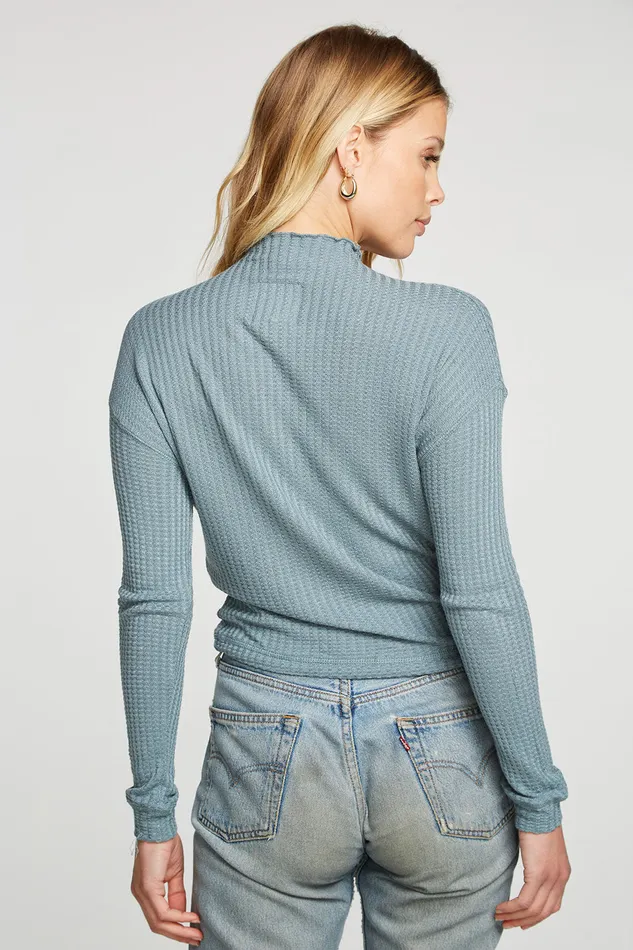 Vintage Thermal Long Sleeve Drop Shoulder Mock Neck Tie Waist Tee Womens Tops Chaser Brand