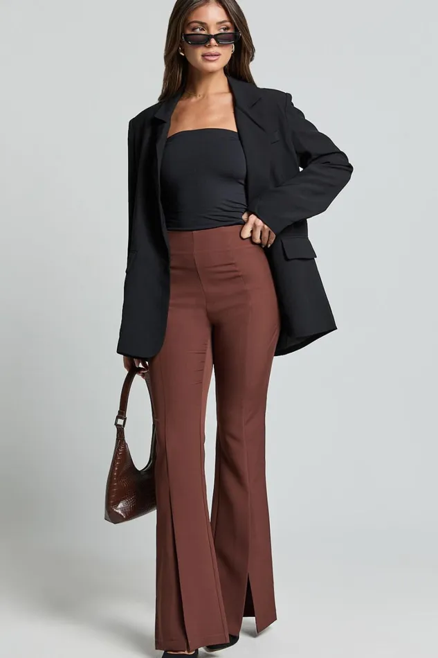 Volta Pants 8211 Front High Waisted Split Boot Leg Kick Out Pants In Chocolate Women Showpo Curve Clothes Volta Pants 8211 Front High Waisted Split Boot Leg Kick Out Pants In Chocolate Women Showpo Curve Clothes