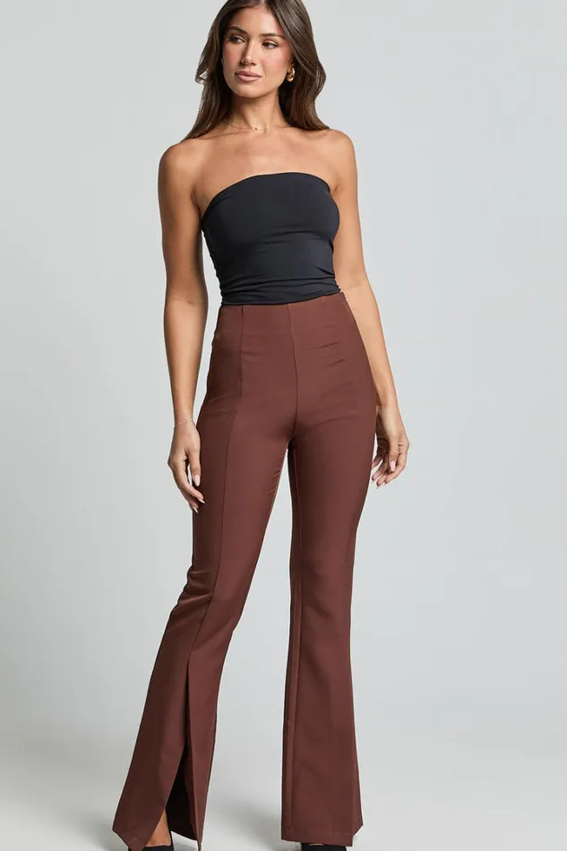 Volta Pants 8211 Front High Waisted Split Boot Leg Kick Out Pants In Chocolate Women Showpo Curve Clothes