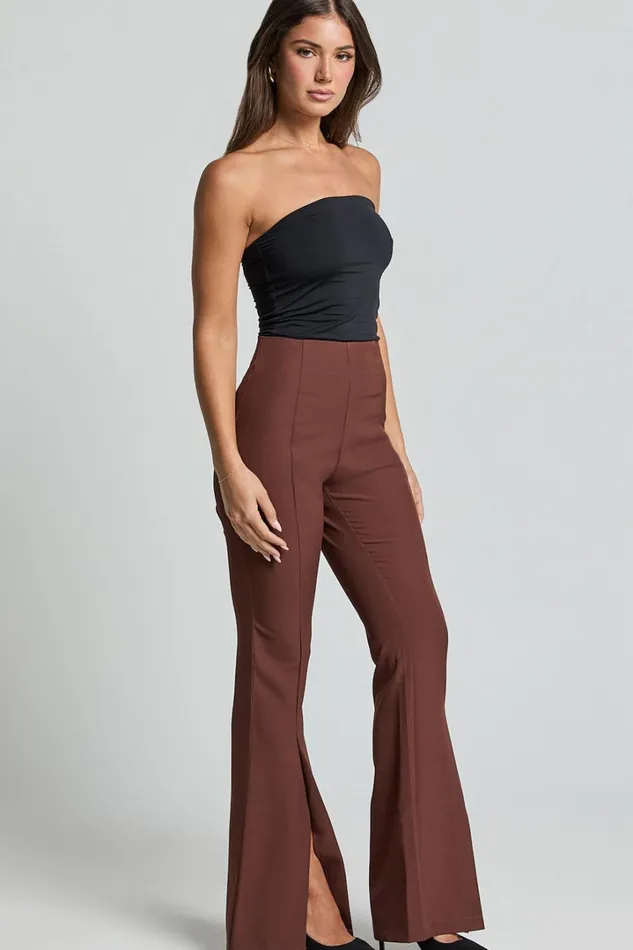 Volta Pants 8211 Front High Waisted Split Boot Leg Kick Out Pants In Chocolate Women Showpo Curve Clothes
