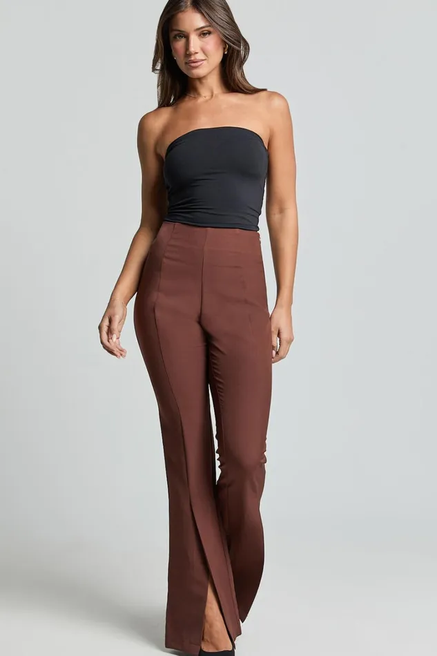 Volta Pants 8211 Front High Waisted Split Boot Leg Kick Out Pants In Chocolate Women Showpo Curve Clothes