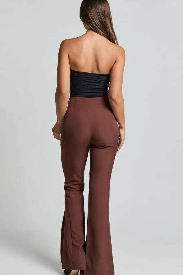 Volta Pants 8211 Front High Waisted Split Boot Leg Kick Out Pants In Chocolate Women Showpo Curve Clothes