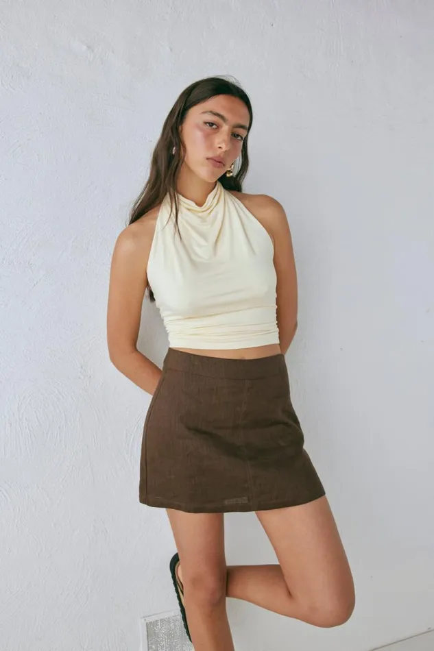 VRG GRL Blanco Linen Mini Skirt Chocolate Women Skirts
