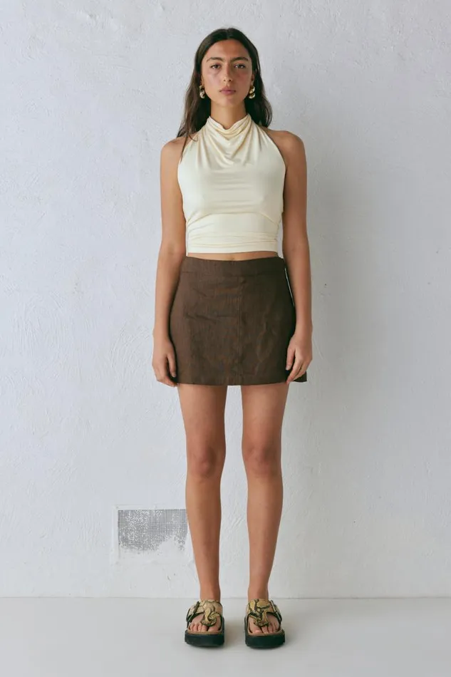 VRG GRL Blanco Linen Mini Skirt Chocolate Women Skirts