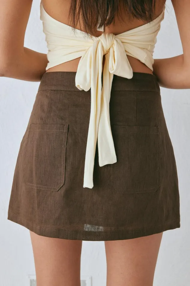 VRG GRL Blanco Linen Mini Skirt Chocolate Women Skirts