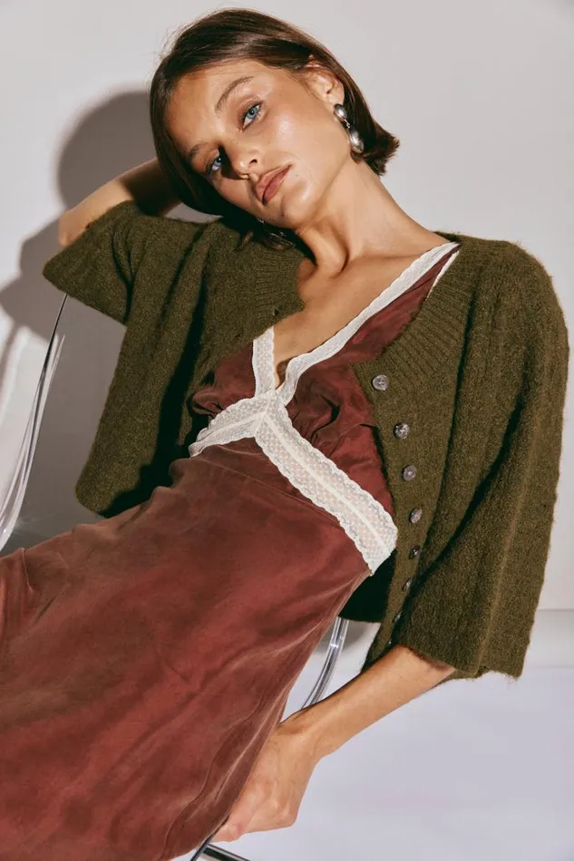 VRG GRL Hailey Knit Cardigan Khaki Women JumpersSweaters