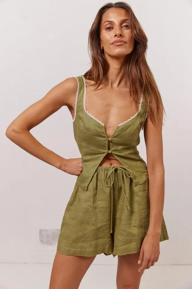VRG GRL Nettie Linen Shorts Olive Women Shorts