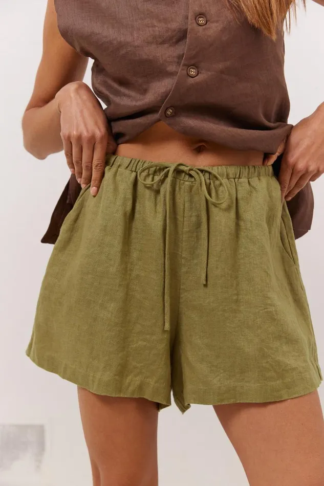VRG GRL Nettie Linen Shorts Olive Women Shorts