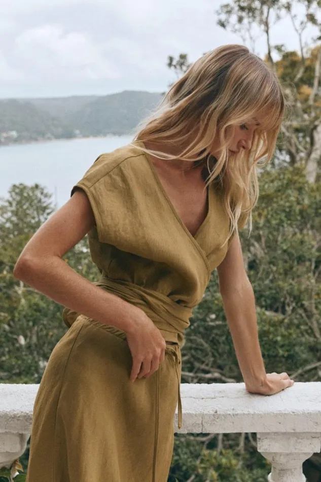 VRG GRL Sea Glass Linen Wrap Top Olive Women Short Sleeve