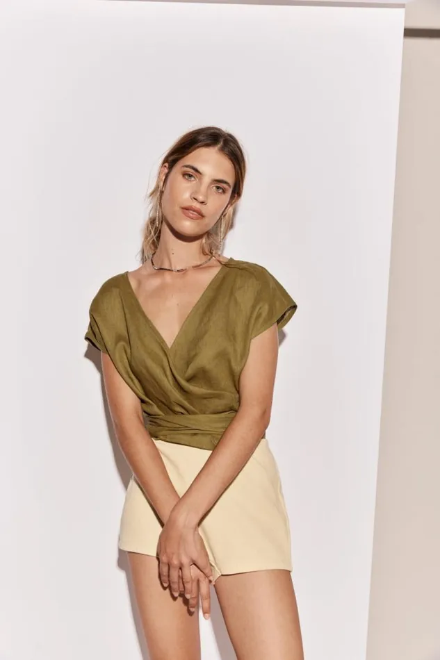 VRG GRL Sea Glass Linen Wrap Top Olive Women Short Sleeve