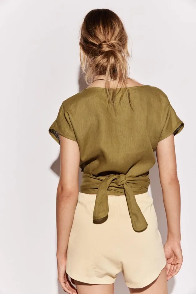 VRG GRL Sea Glass Linen Wrap Top Olive Women Short Sleeve